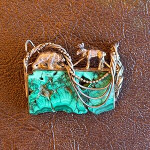 VINTAGE💚Moose & Bear💚Malachite Sterling Silver Pendant Brooch